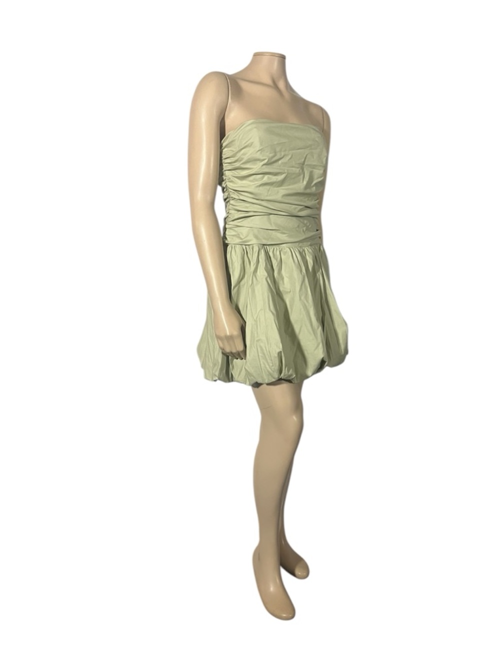 Reformation Strapless Sage Green Bubble Hem Mini Dress